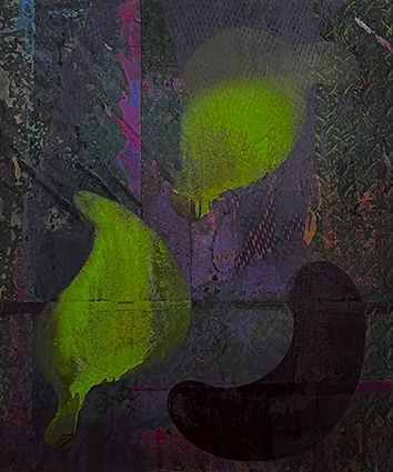 <p>NEUE KONSTELLATION / &Ouml;l, Acryl und Siebdruck auf Stoff, auf Leinwand / 120x100 cm / 2025</p>
