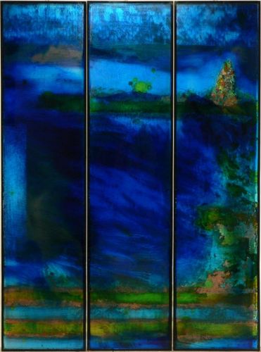 <p>DARK LIGHT / &Ouml;l, Glasfarbe und Druck hinter Glas / 190x150 cm, 3-teilig / 2009</p>

