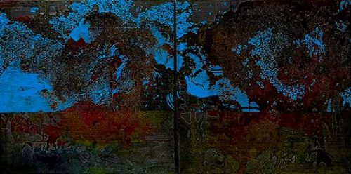 <p>NACHHALL DER WEITE / &Ouml;l, Acryl und Siebdruck auf Stoff, auf Leinwand / 50x100 cm / 2025</p>
