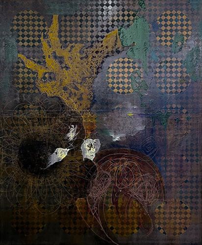 <p>FLEUR DE NUIT / &Ouml;l, Acryl und Siebdruckfarbe auf Stoff auf Leinwand / 200x165 cm / 2025</p>
